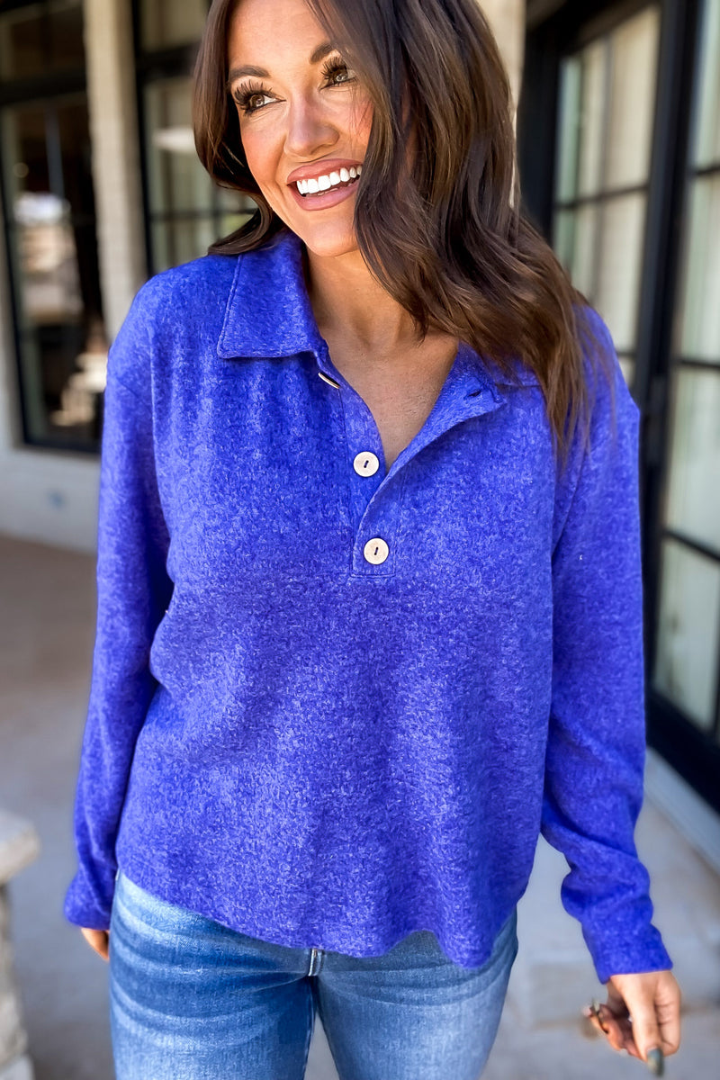 Perfect Timing Bright Blue Brushed Melange Hacci Collared Sweater
