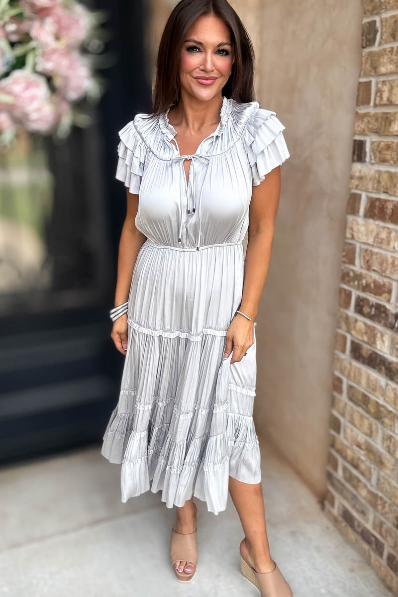 Fall For It Silver Grey Tier Short Sleeve Tie Front Elastic Waist Dress