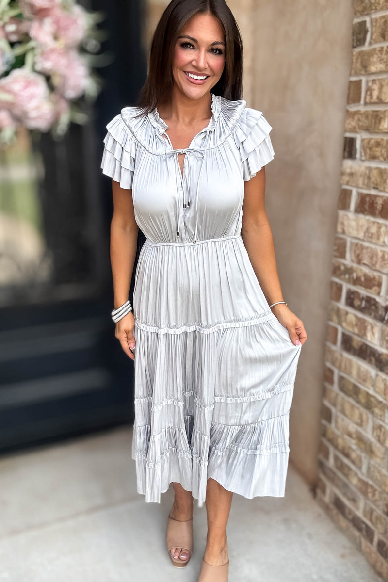 Fall For It Silver Grey Tier Short Sleeve Tie Front Elastic Waist Dress