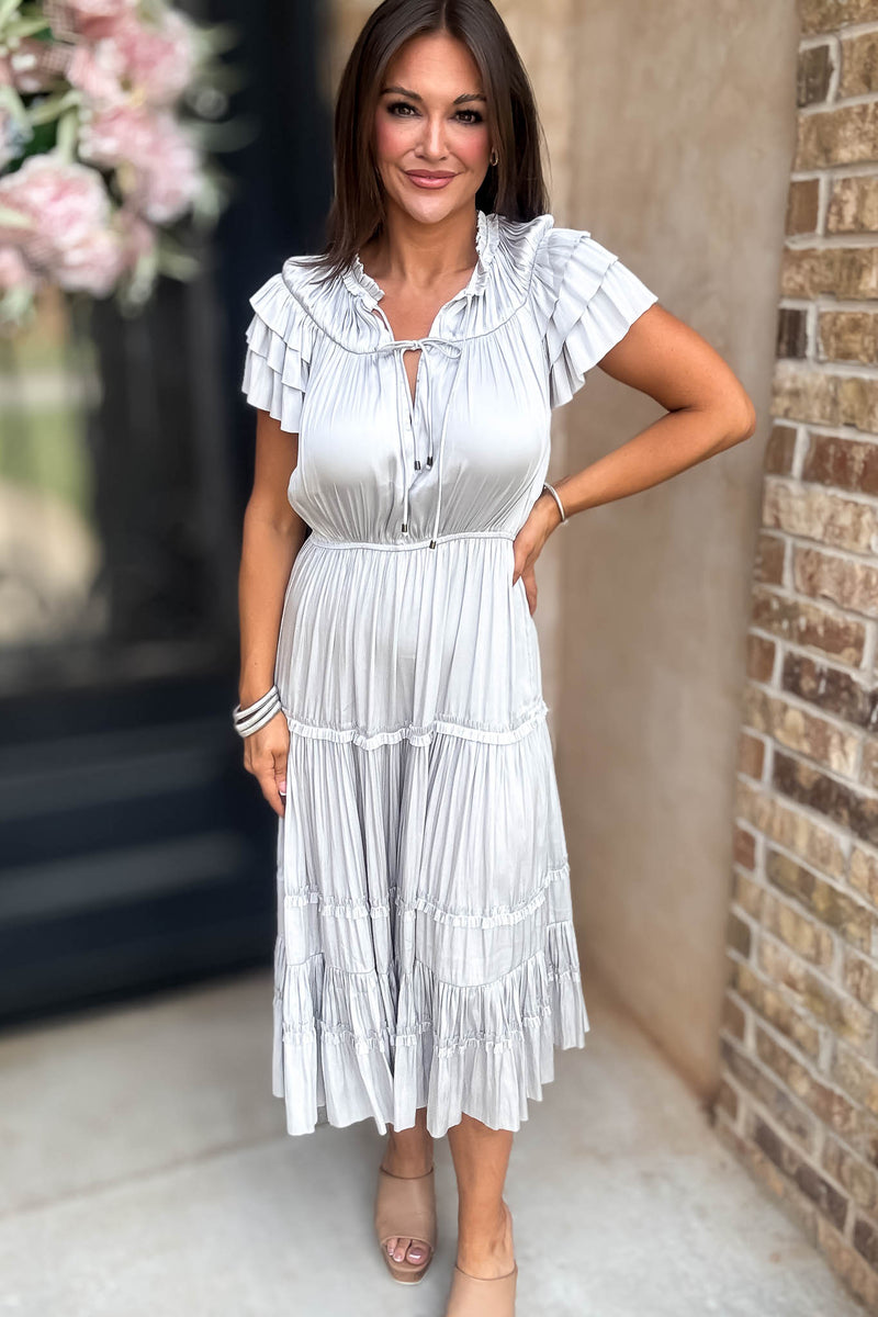 Fall For It Silver Grey Tier Short Sleeve Tie Front Elastic Waist Dress