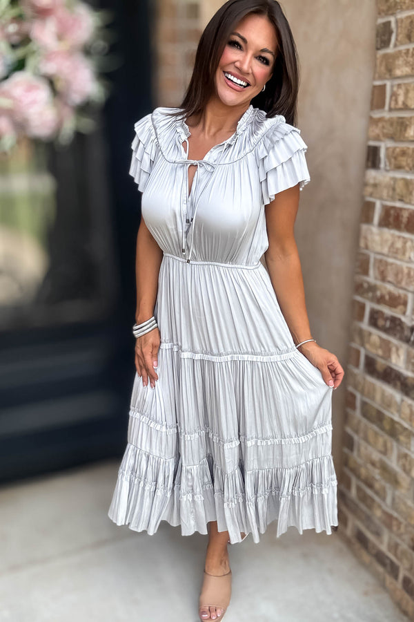 Fall For It Silver Grey Tier Short Sleeve Tie Front Elastic Waist Dress