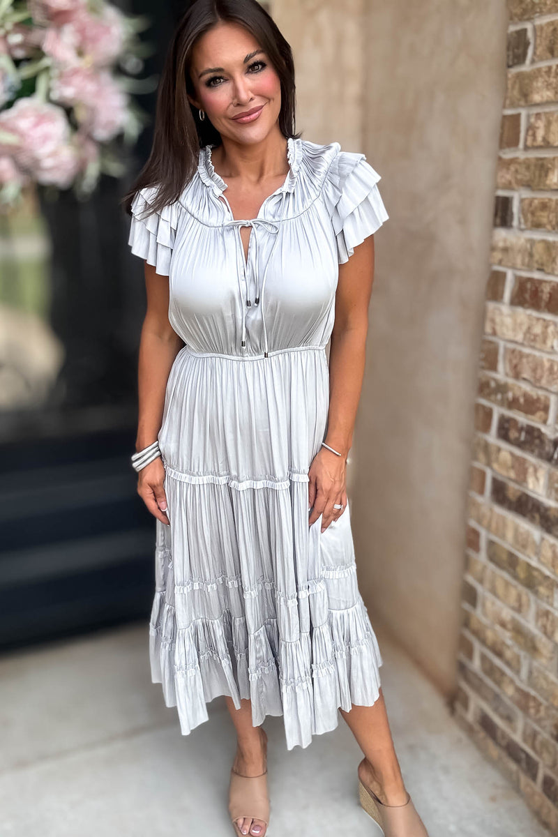 Fall For It Silver Grey Tier Short Sleeve Tie Front Elastic Waist Dress