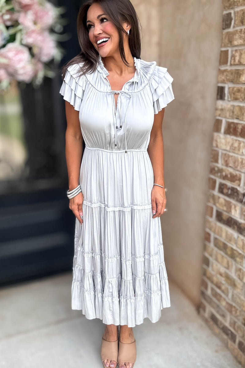 Fall For It Silver Grey Tier Short Sleeve Tie Front Elastic Waist Dress