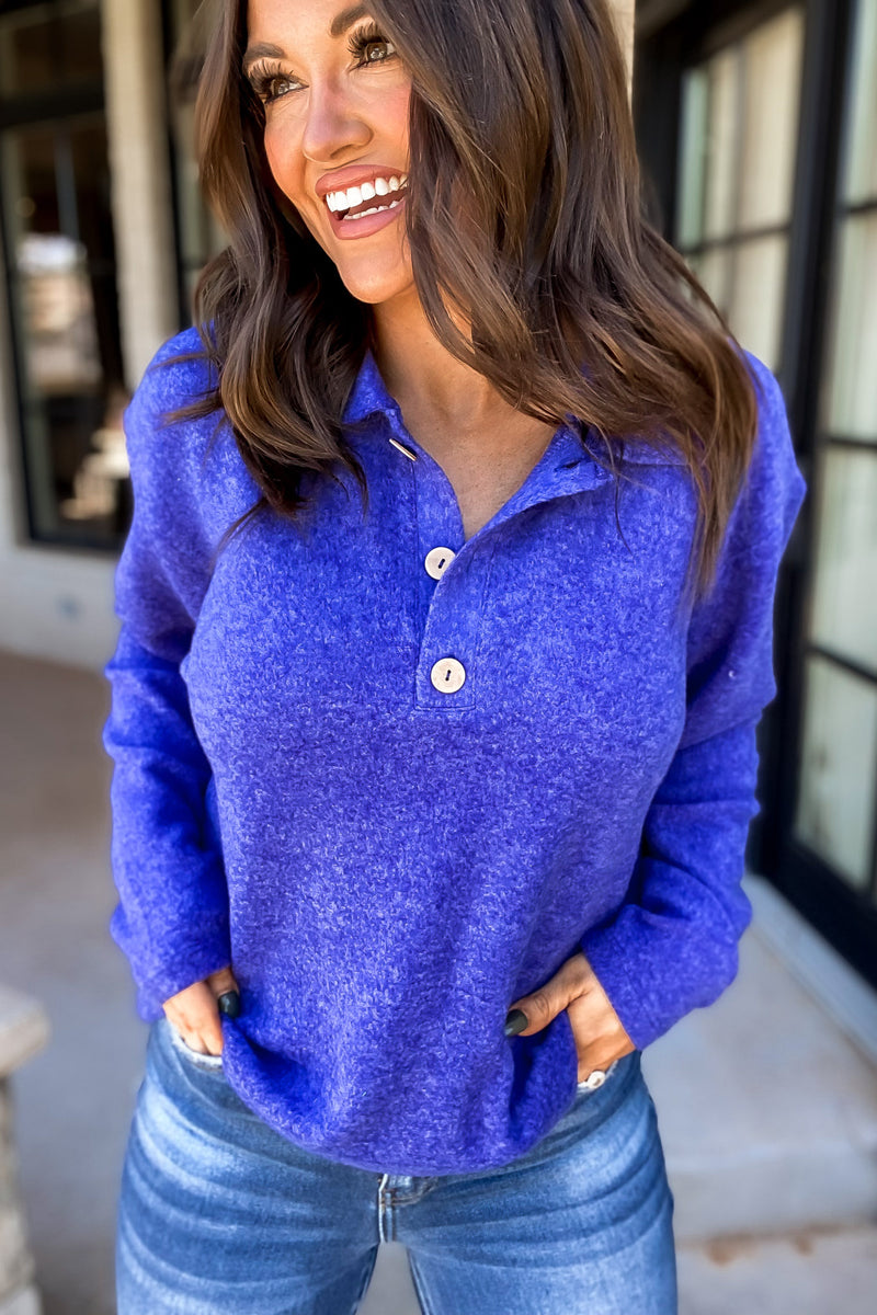Perfect Timing Bright Blue Brushed Melange Hacci Collared Sweater