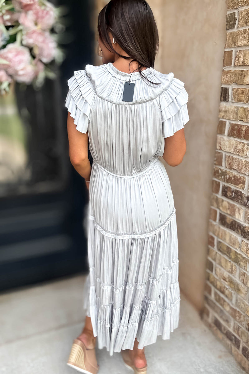 Fall For It Silver Grey Tier Short Sleeve Tie Front Elastic Waist Dress