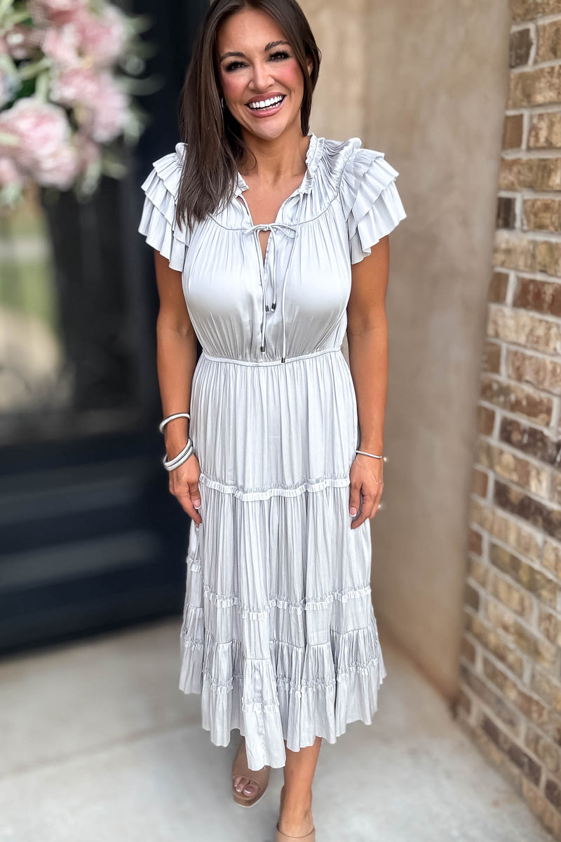 Fall For It Silver Grey Tier Short Sleeve Tie Front Elastic Waist Dress