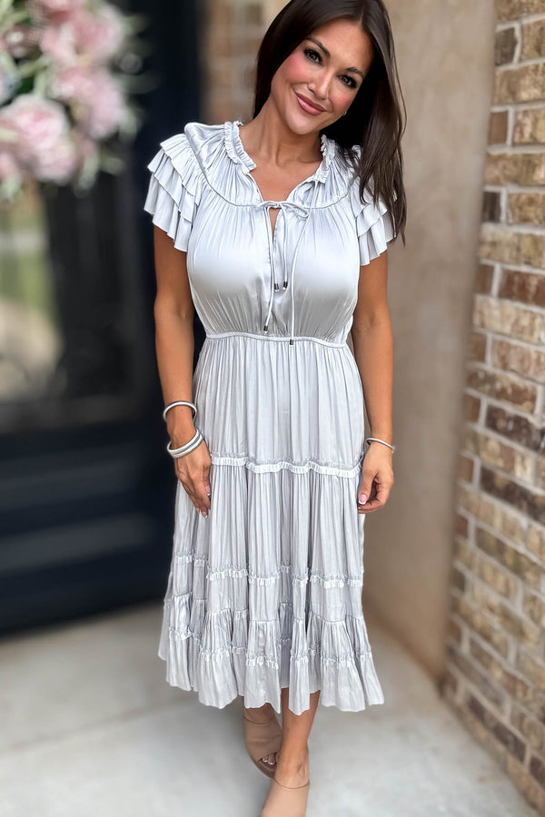 Fall For It Silver Grey Tier Short Sleeve Tie Front Elastic Waist Dress