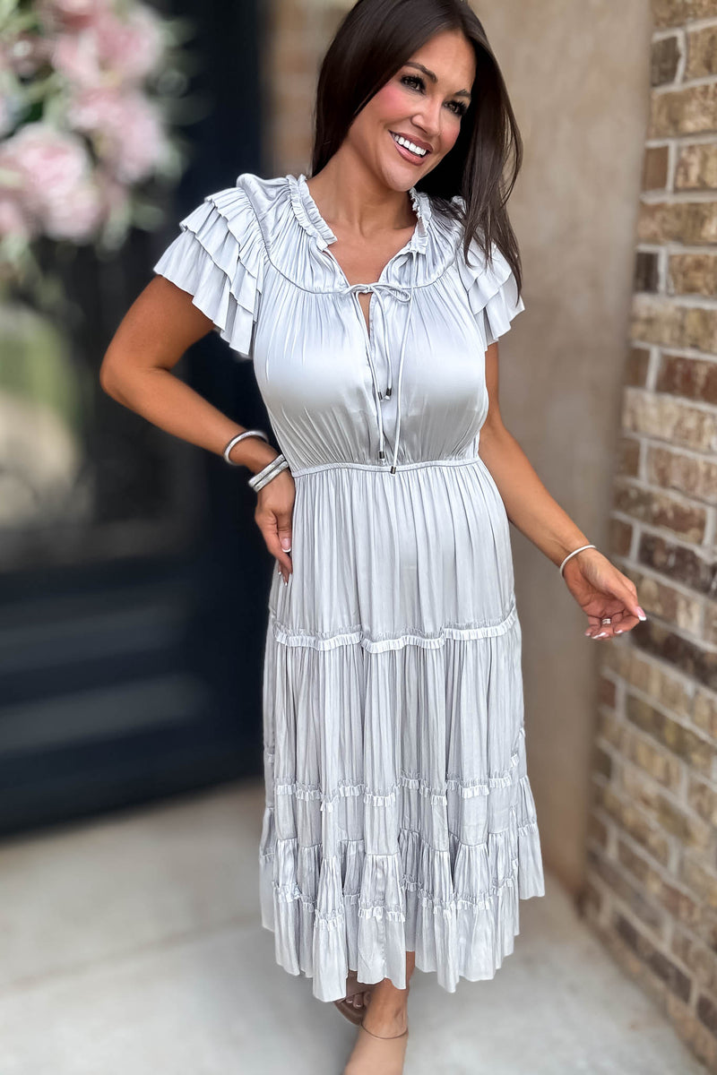 Fall For It Silver Grey Tier Short Sleeve Tie Front Elastic Waist Dress