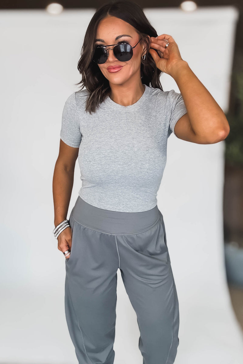 Essential Heather Grey  Micro Ribbed Cropped Tee