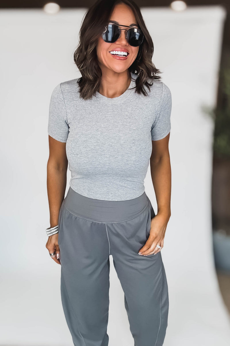 Essential Heather Grey  Micro Ribbed Cropped Tee