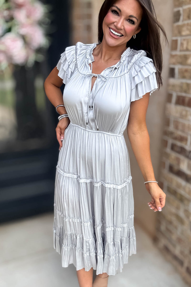 Fall For It Silver Grey Tier Short Sleeve Tie Front Elastic Waist Dress