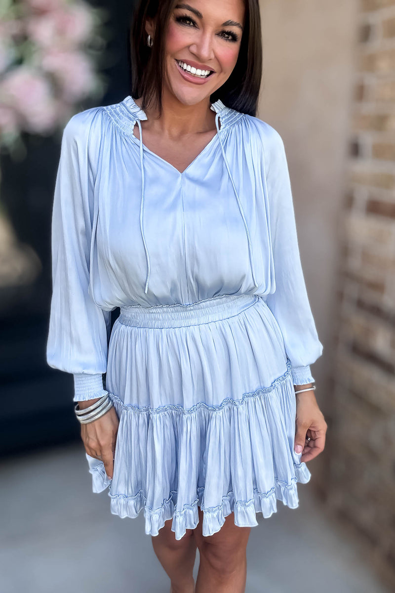 Bubble Light Blue Sleeve Smocked Waist Tiered Layered Dress
