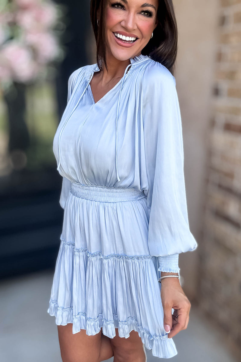Bubble Light Blue Sleeve Smocked Waist Tiered Layered Dress