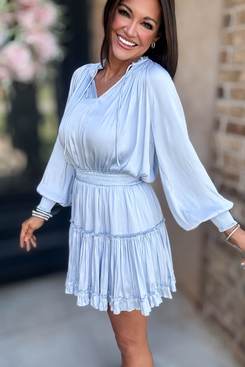 Bubble Light Blue Sleeve Smocked Waist Tiered Layered Dress