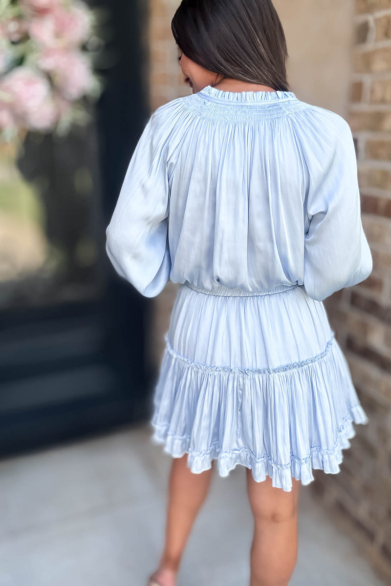 Bubble Light Blue Sleeve Smocked Waist Tiered Layered Dress