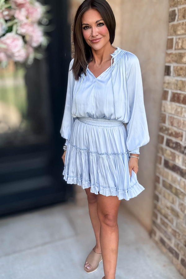 Bubble Light Blue Sleeve Smocked Waist Tiered Layered Dress