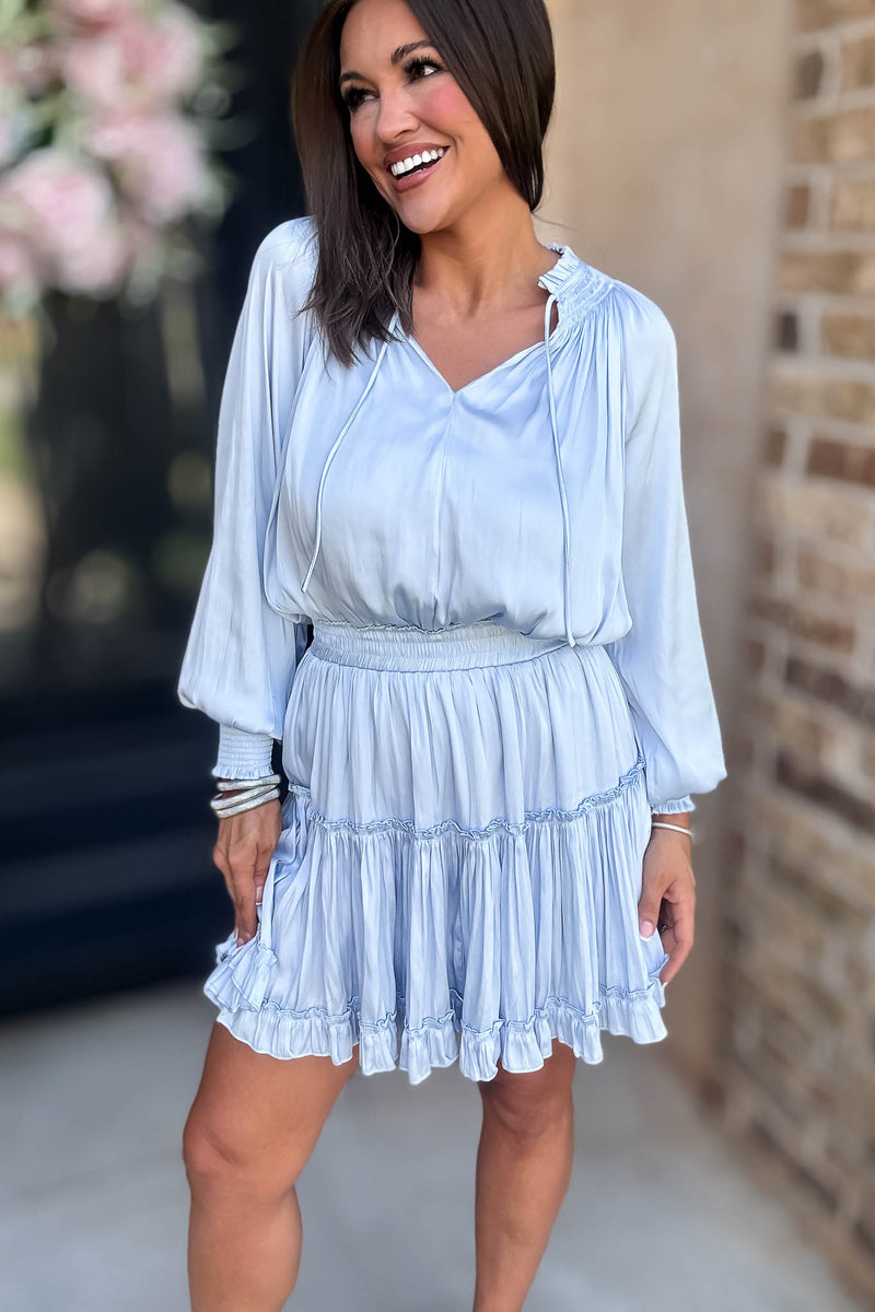 Bubble Light Blue Sleeve Smocked Waist Tiered Layered Dress