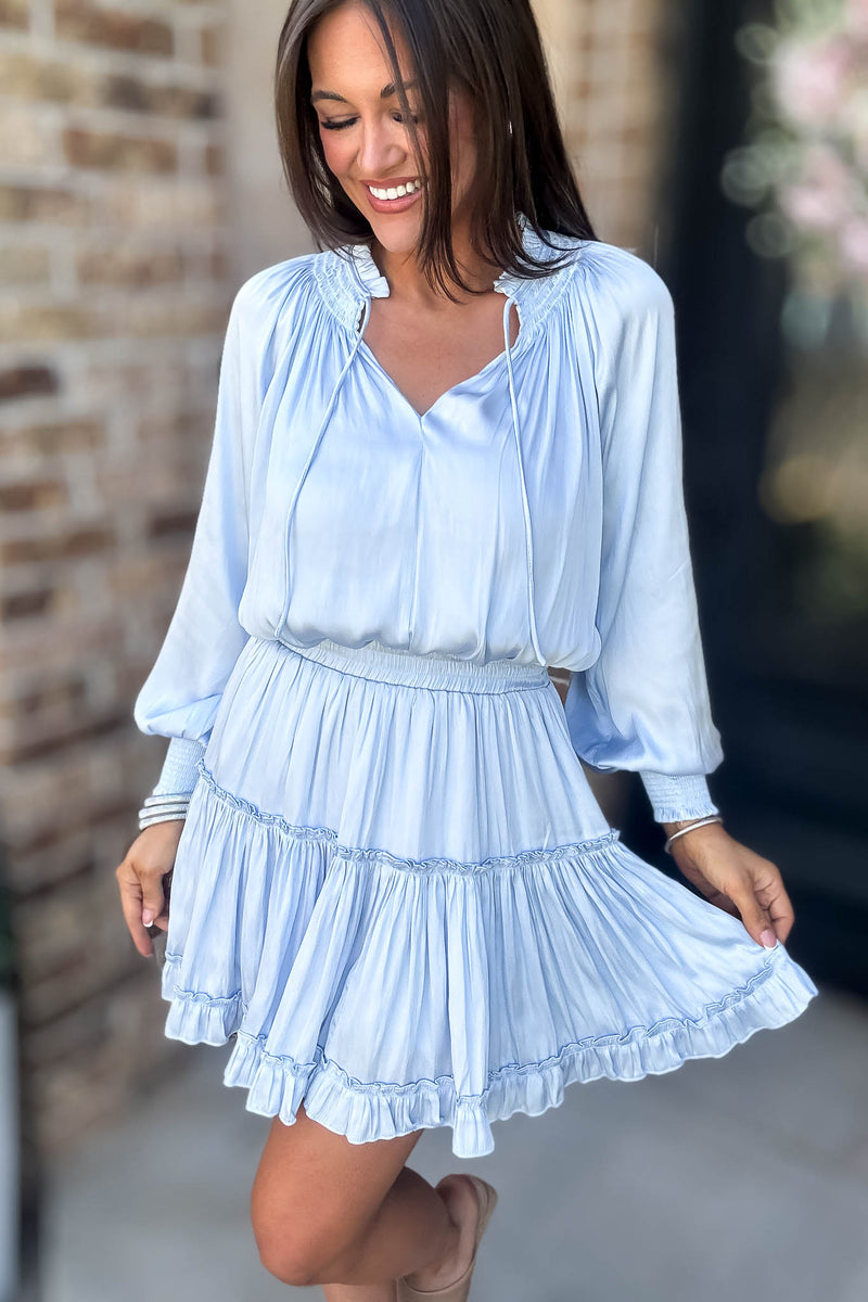 Bubble Light Blue Sleeve Smocked Waist Tiered Layered Dress