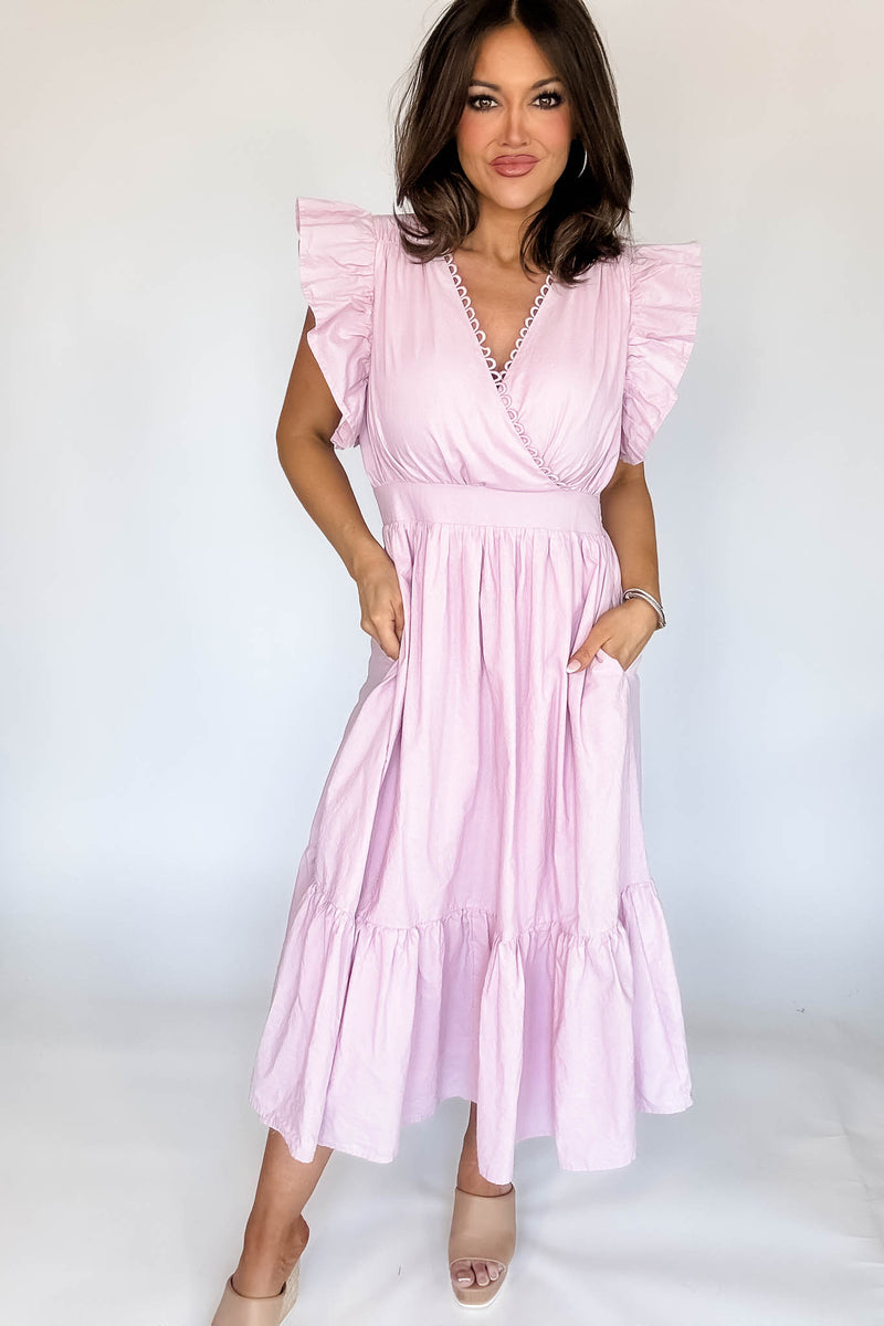 Mable Pink Poplin Scalloped Trim Surplus Midi Dress