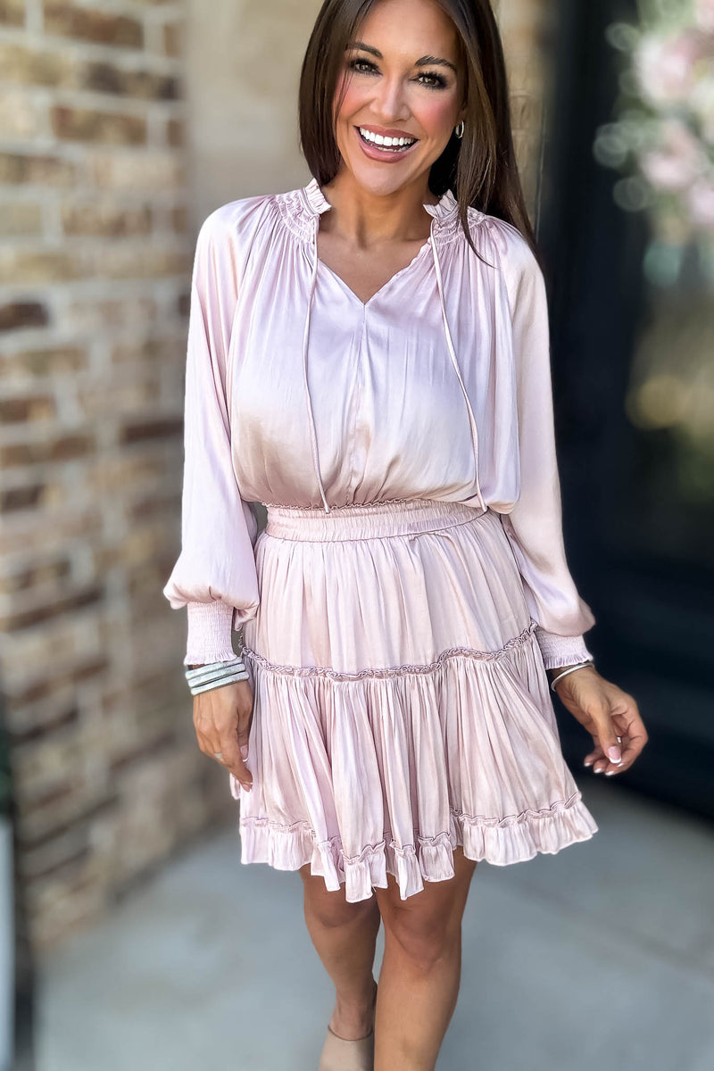 Bubble Blush Sleeve Smocked Waist Tiered Layered Dress