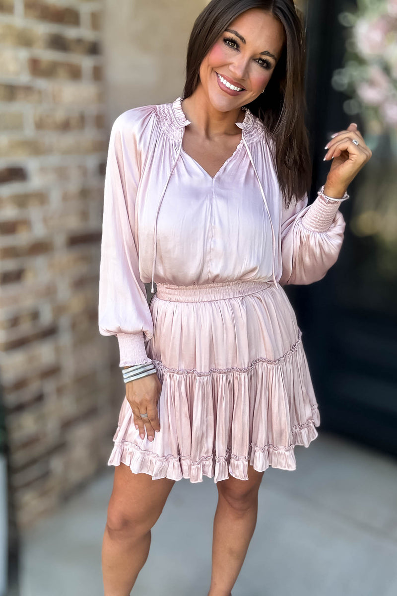 Bubble Blush Sleeve Smocked Waist Tiered Layered Dress
