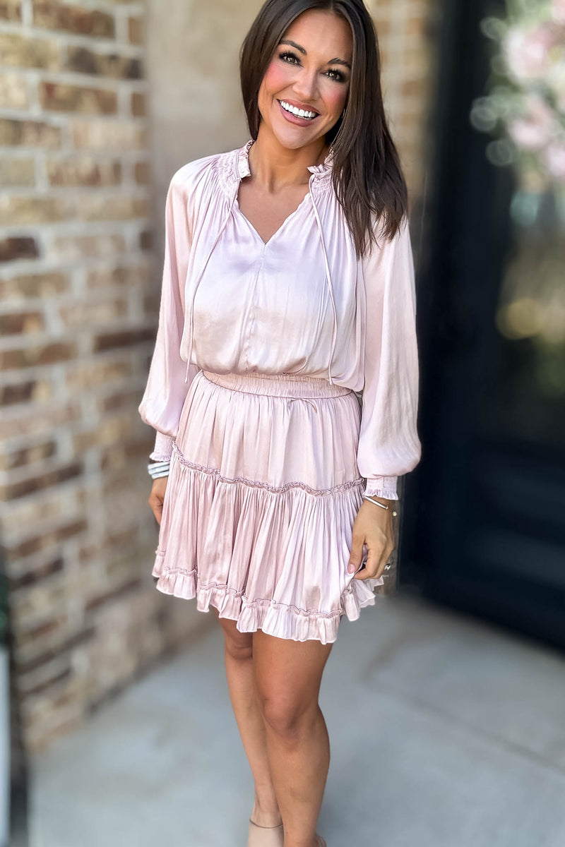 Bubble Blush Sleeve Smocked Waist Tiered Layered Dress