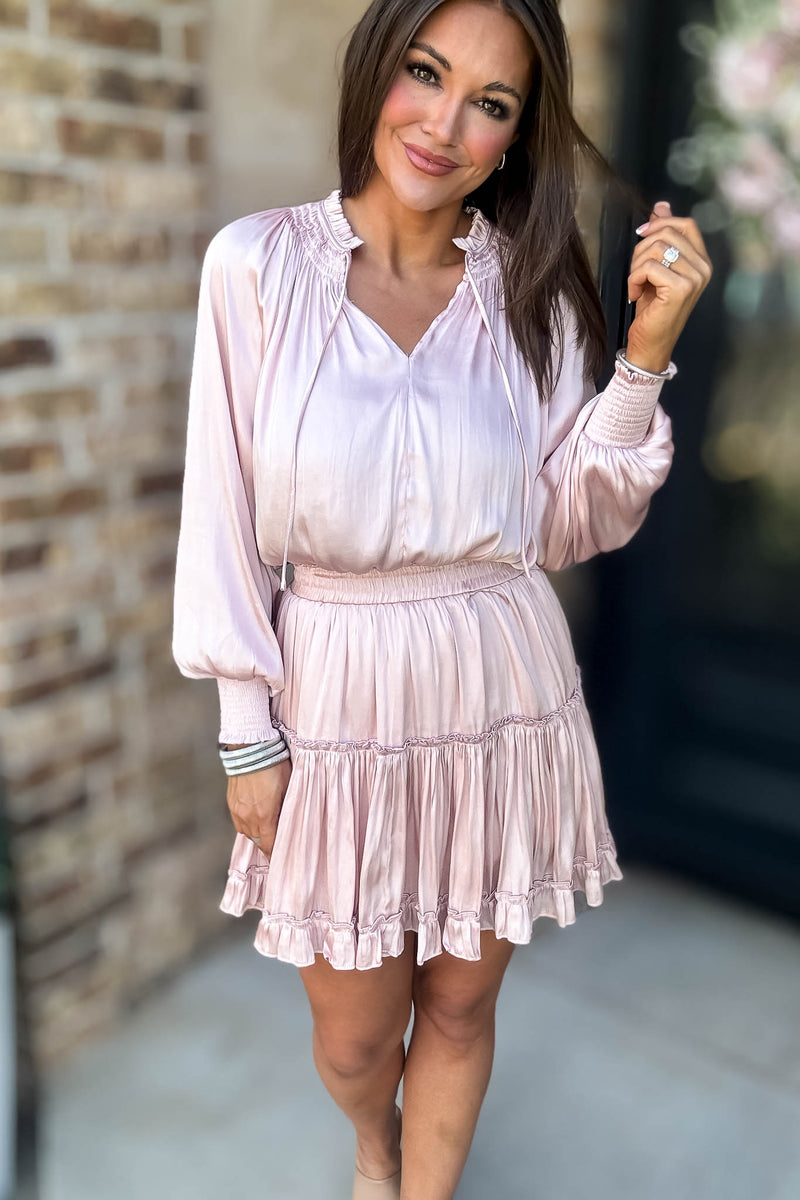Bubble Blush Sleeve Smocked Waist Tiered Layered Dress