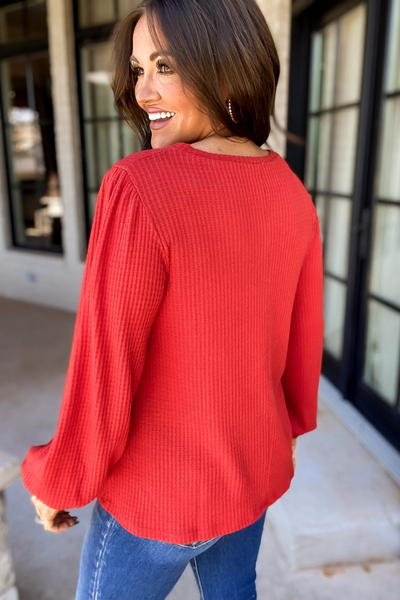 Falling Over You Rust Puff Sleeve Waffle Top