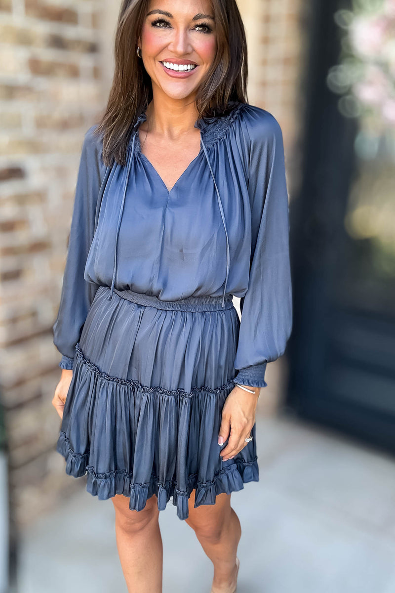 Bubble Navy Sleeve Smocked Waist Tiered Layered Dress
