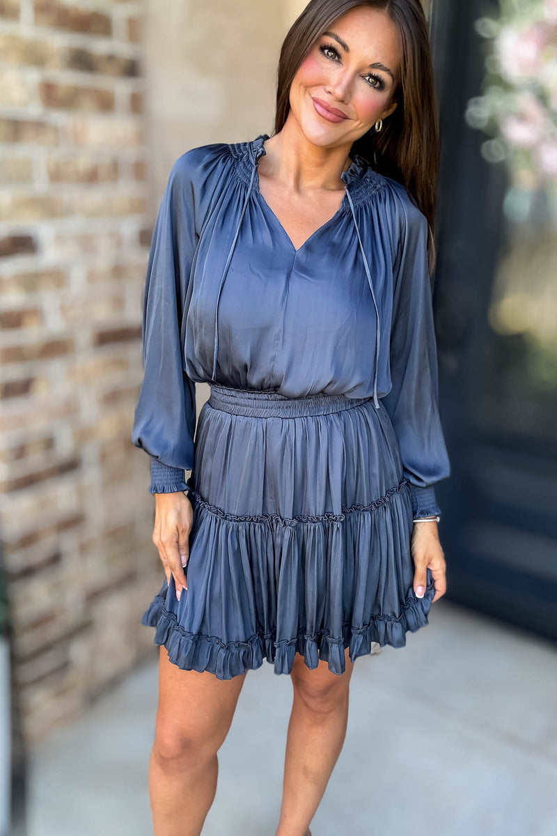 Bubble Navy Sleeve Smocked Waist Tiered Layered Dress