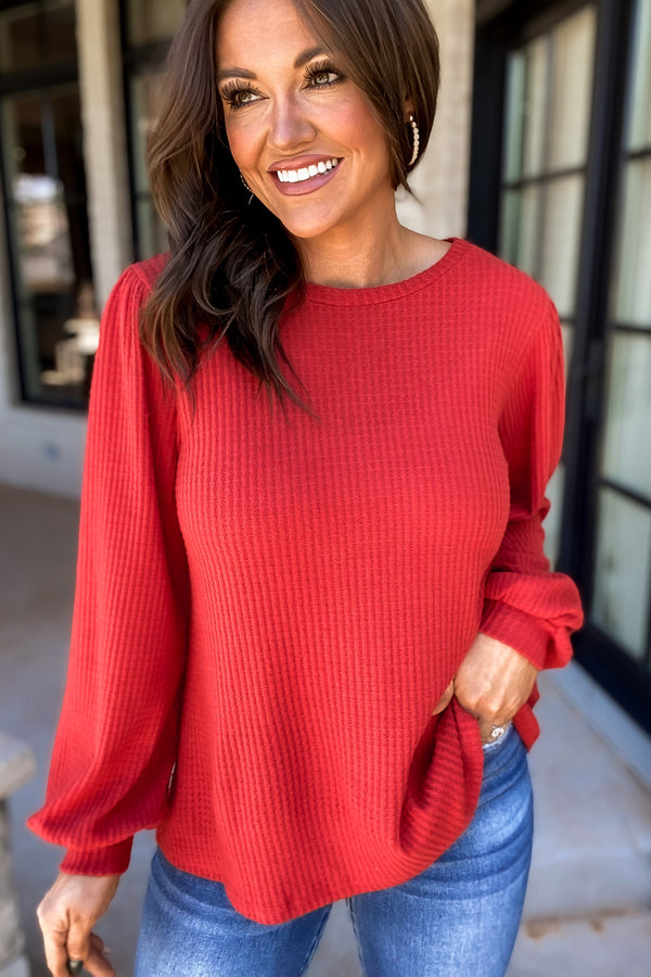 Falling Over You Rust Puff Sleeve Waffle Top