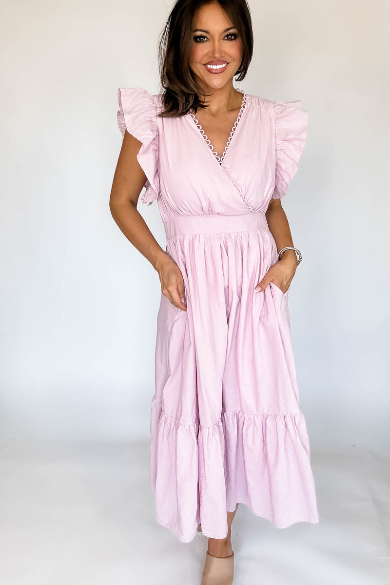 Mable Pink Poplin Scalloped Trim Surplus Midi Dress
