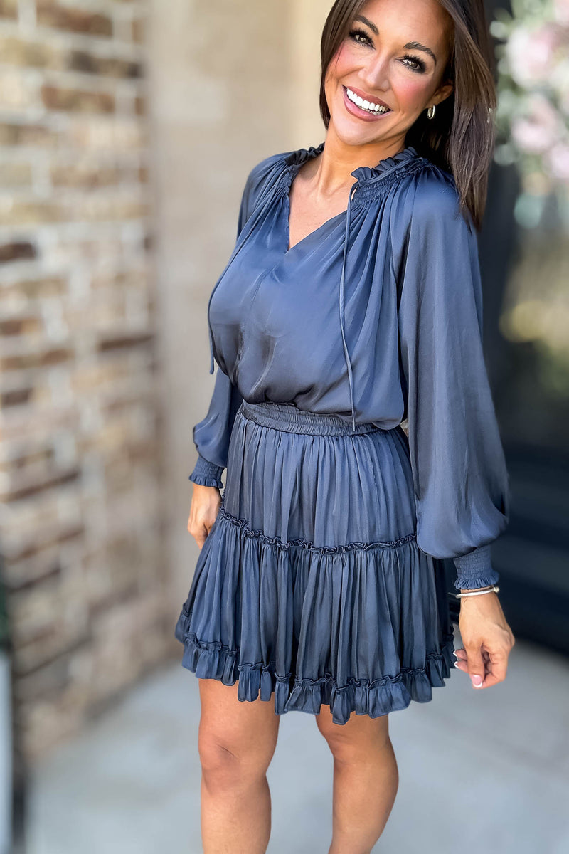 Bubble Navy Sleeve Smocked Waist Tiered Layered Dress