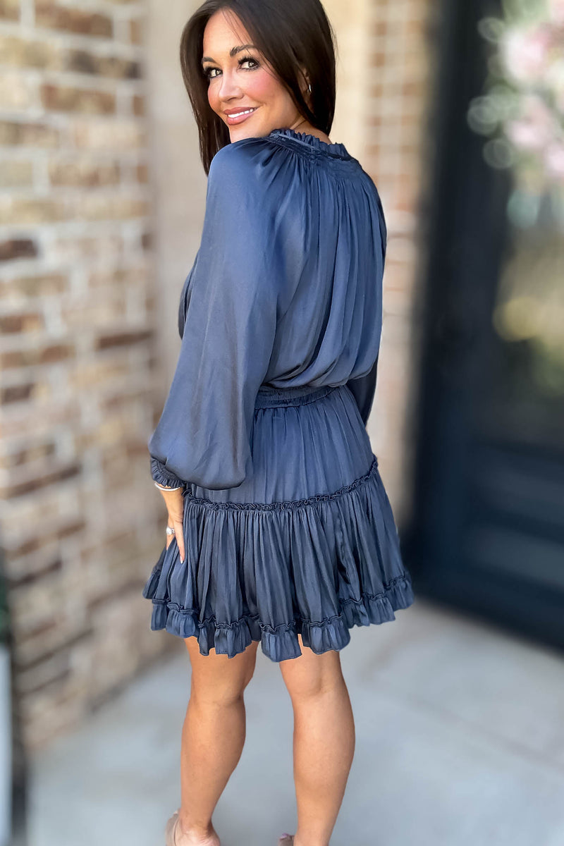Bubble Navy Sleeve Smocked Waist Tiered Layered Dress