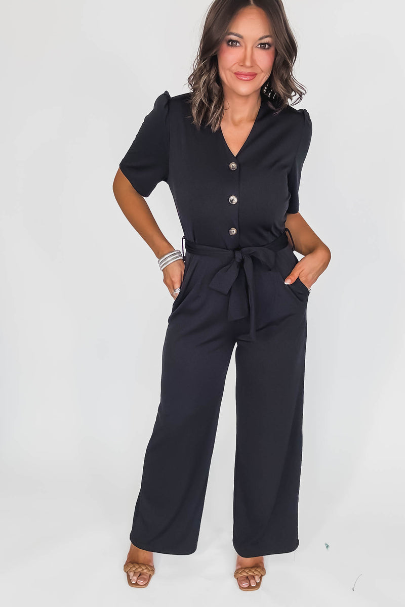 Black Solid Button Up V Neck Wide Leg Jumpsuit