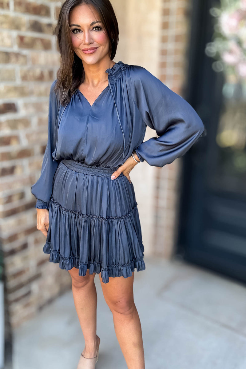 Bubble Navy Sleeve Smocked Waist Tiered Layered Dress