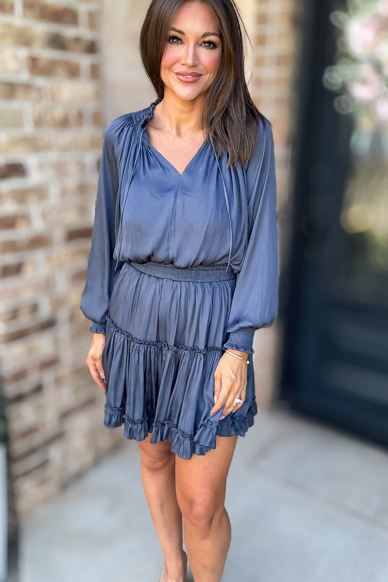 Bubble Navy Sleeve Smocked Waist Tiered Layered Dress