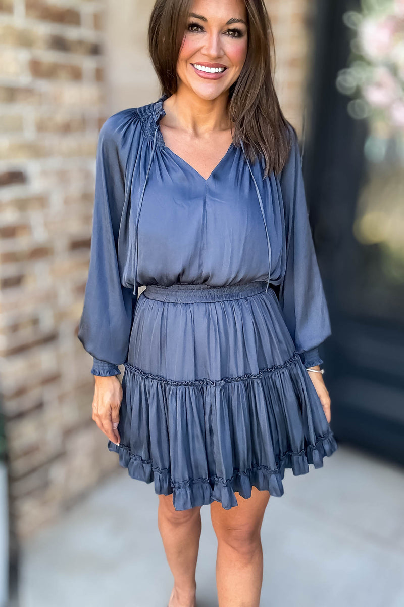 Bubble Navy Sleeve Smocked Waist Tiered Layered Dress