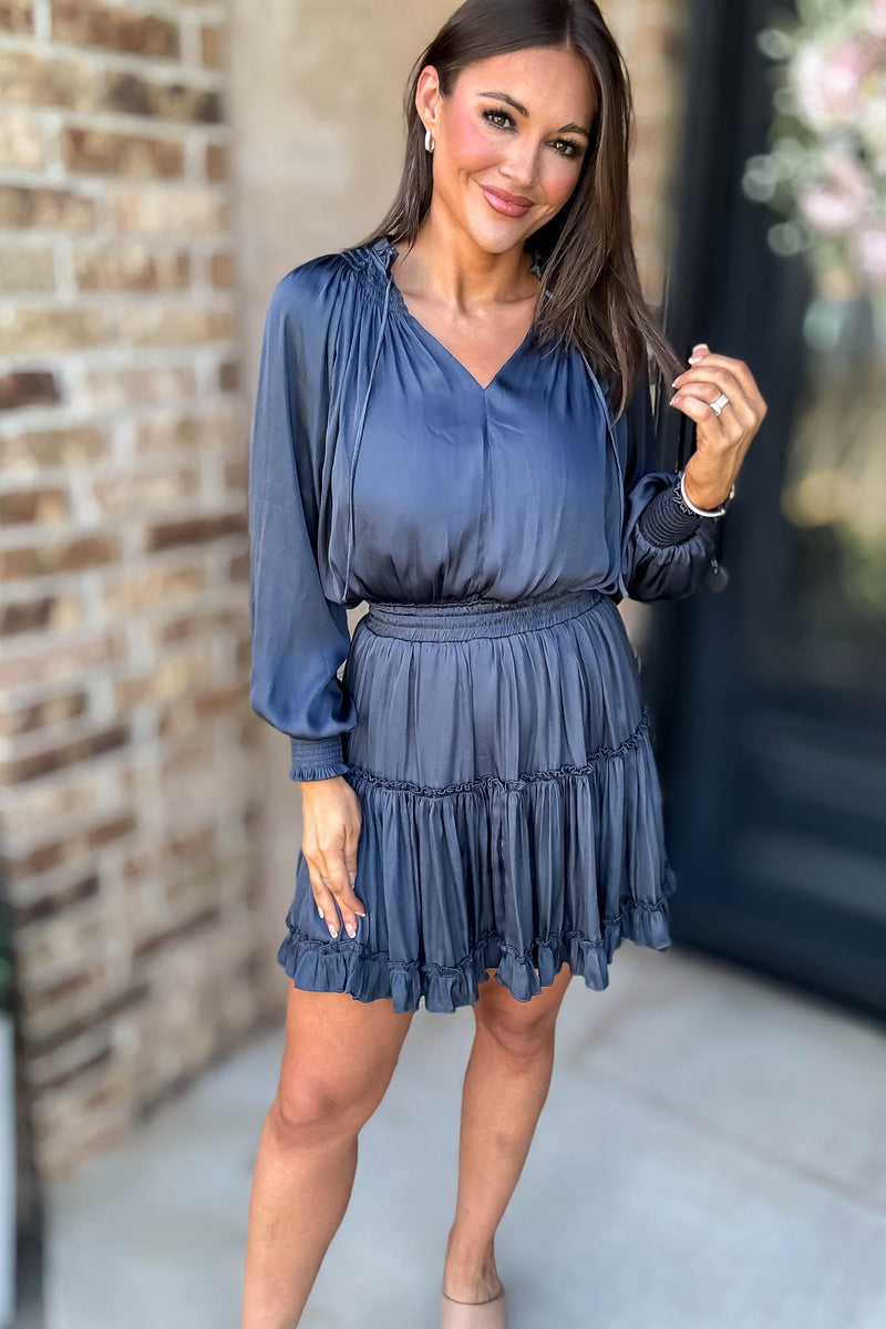 Bubble Navy Sleeve Smocked Waist Tiered Layered Dress