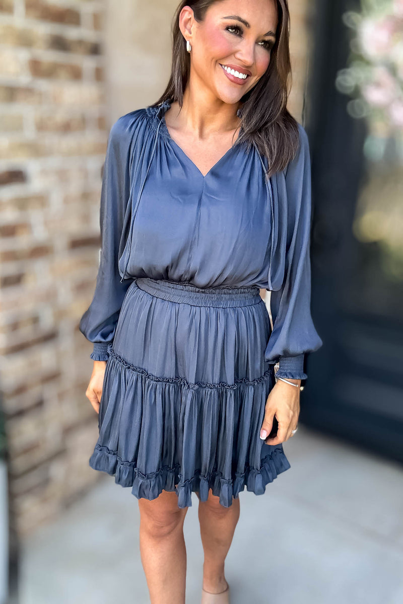 Bubble Navy Sleeve Smocked Waist Tiered Layered Dress