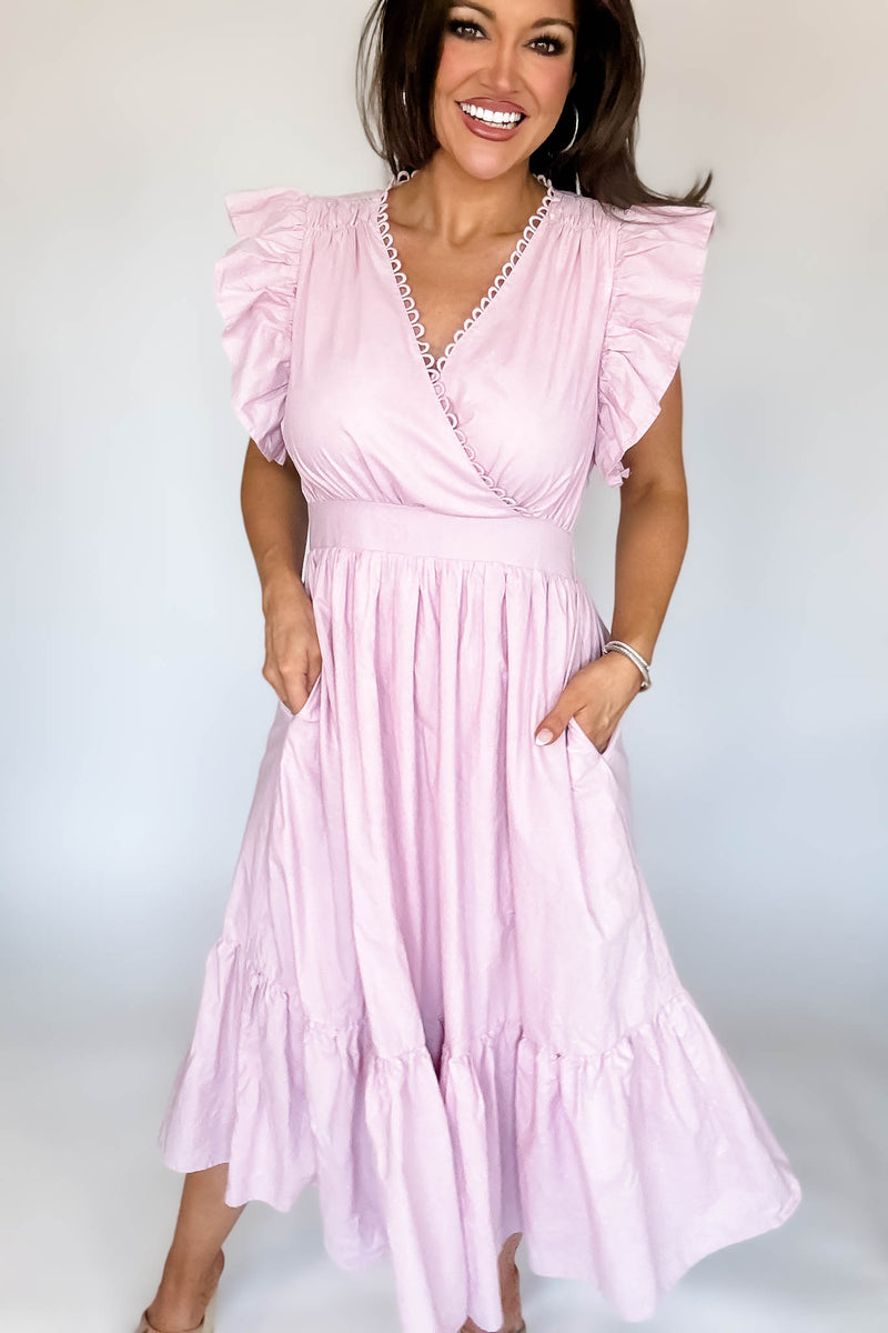 Mable Pink Poplin Scalloped Trim Surplus Midi Dress