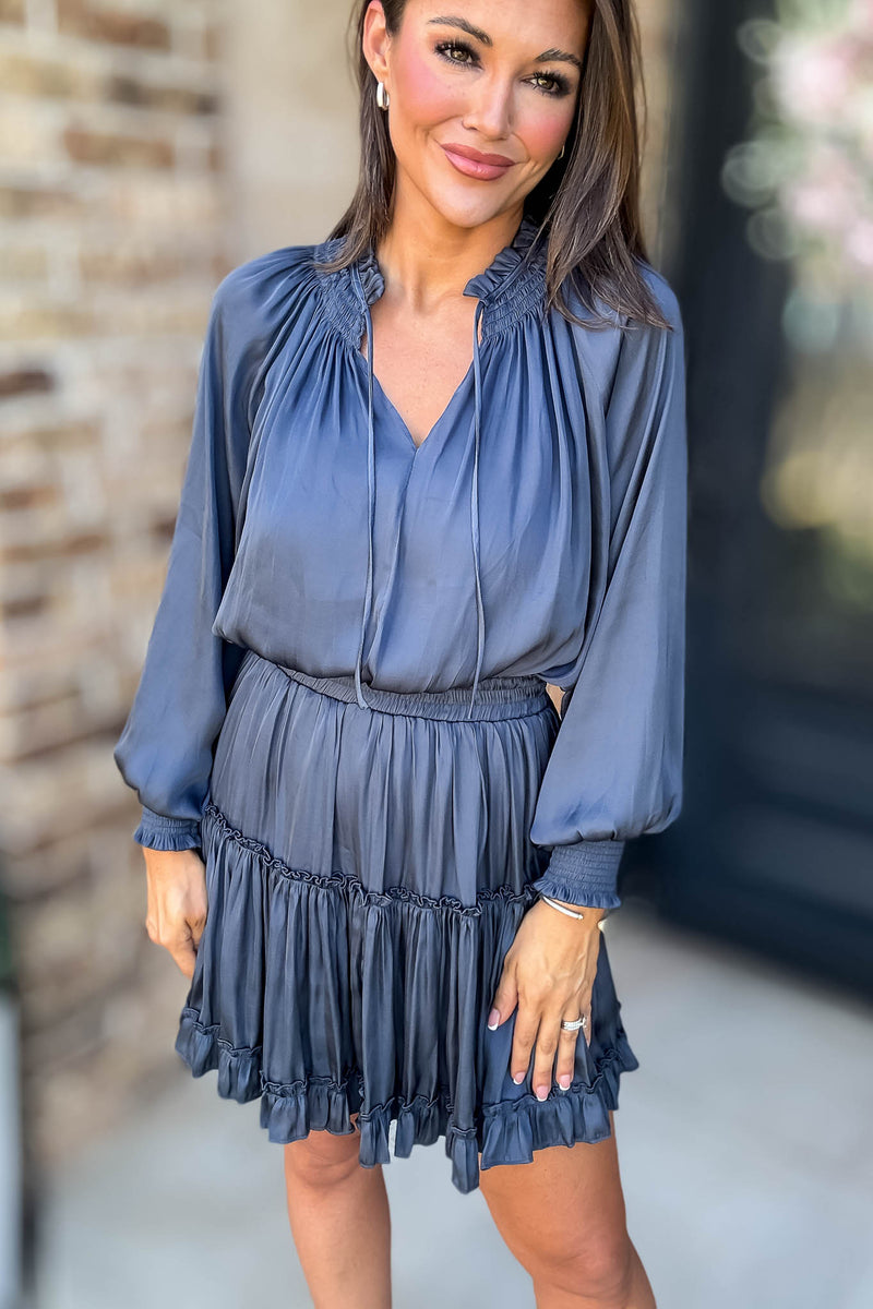 Bubble Navy Sleeve Smocked Waist Tiered Layered Dress