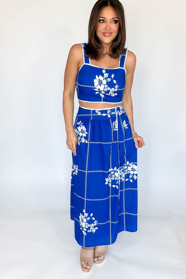 Mable Cobalt Blue Grid Floral Print Crop Top And Midi Skirt Set