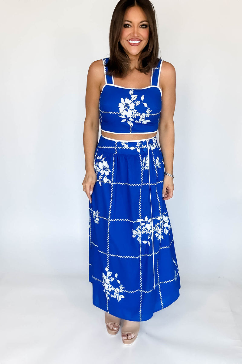 Mable Cobalt Blue Grid Floral Print Crop Top And Midi Skirt Set