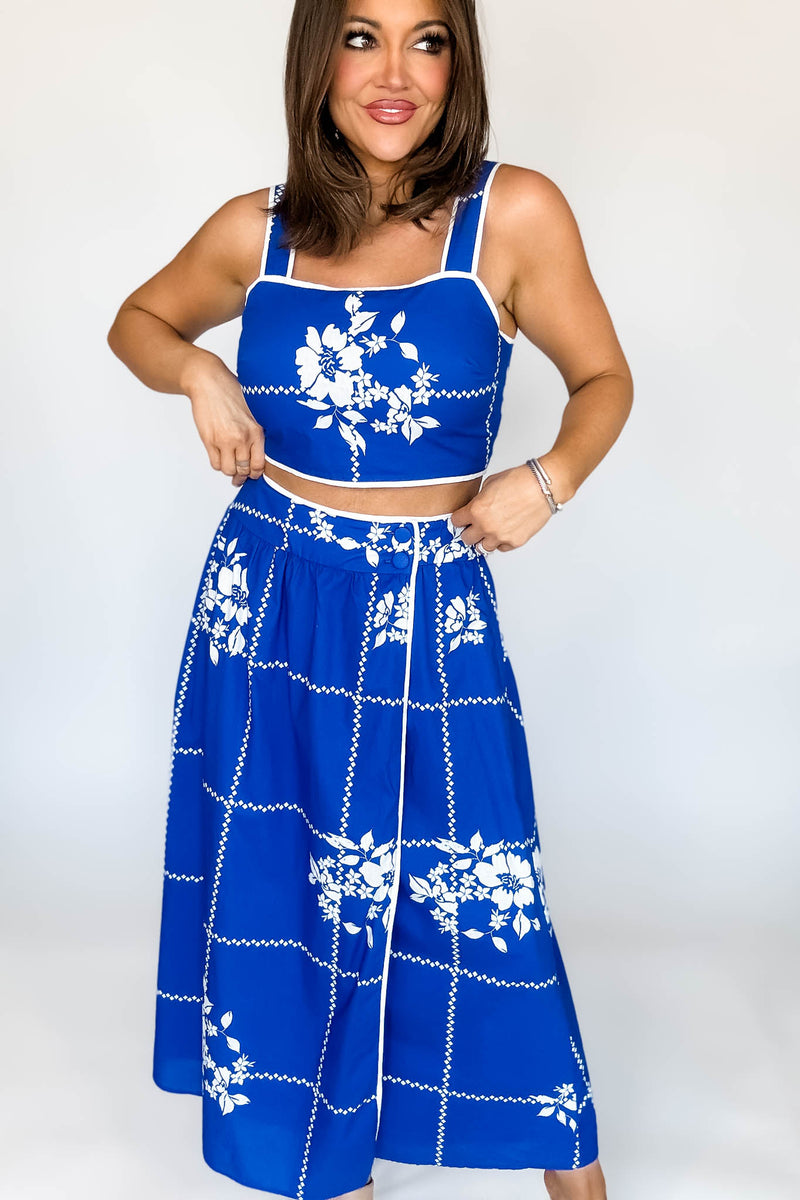 Mable Cobalt Blue Grid Floral Print Crop Top And Midi Skirt Set