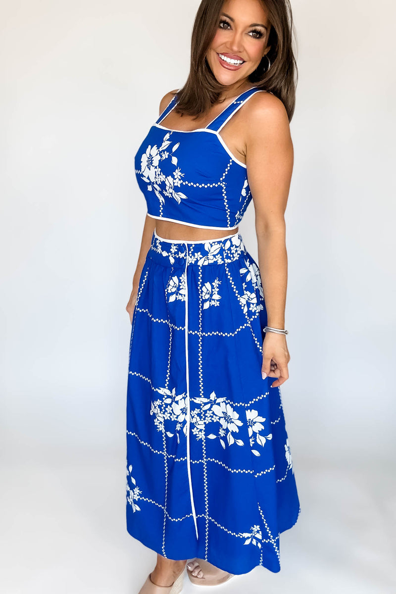 Mable Cobalt Blue Grid Floral Print Crop Top And Midi Skirt Set