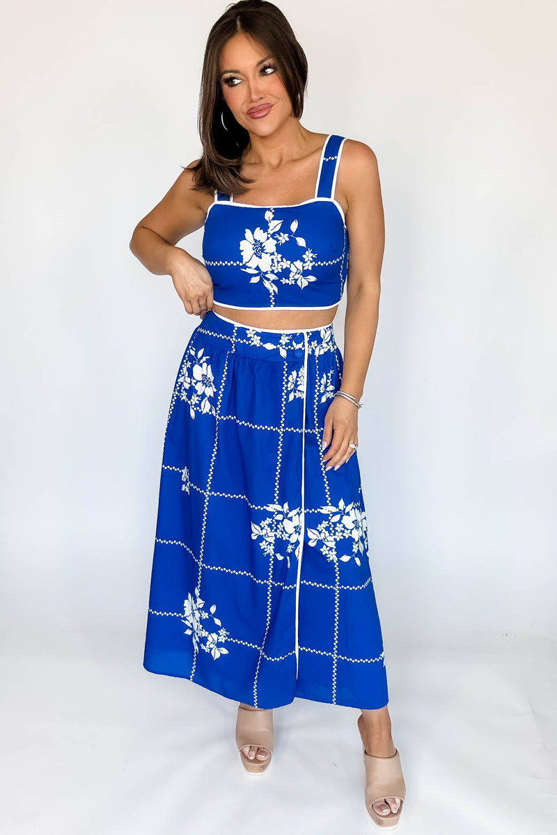 Mable Cobalt Blue Grid Floral Print Crop Top And Midi Skirt Set