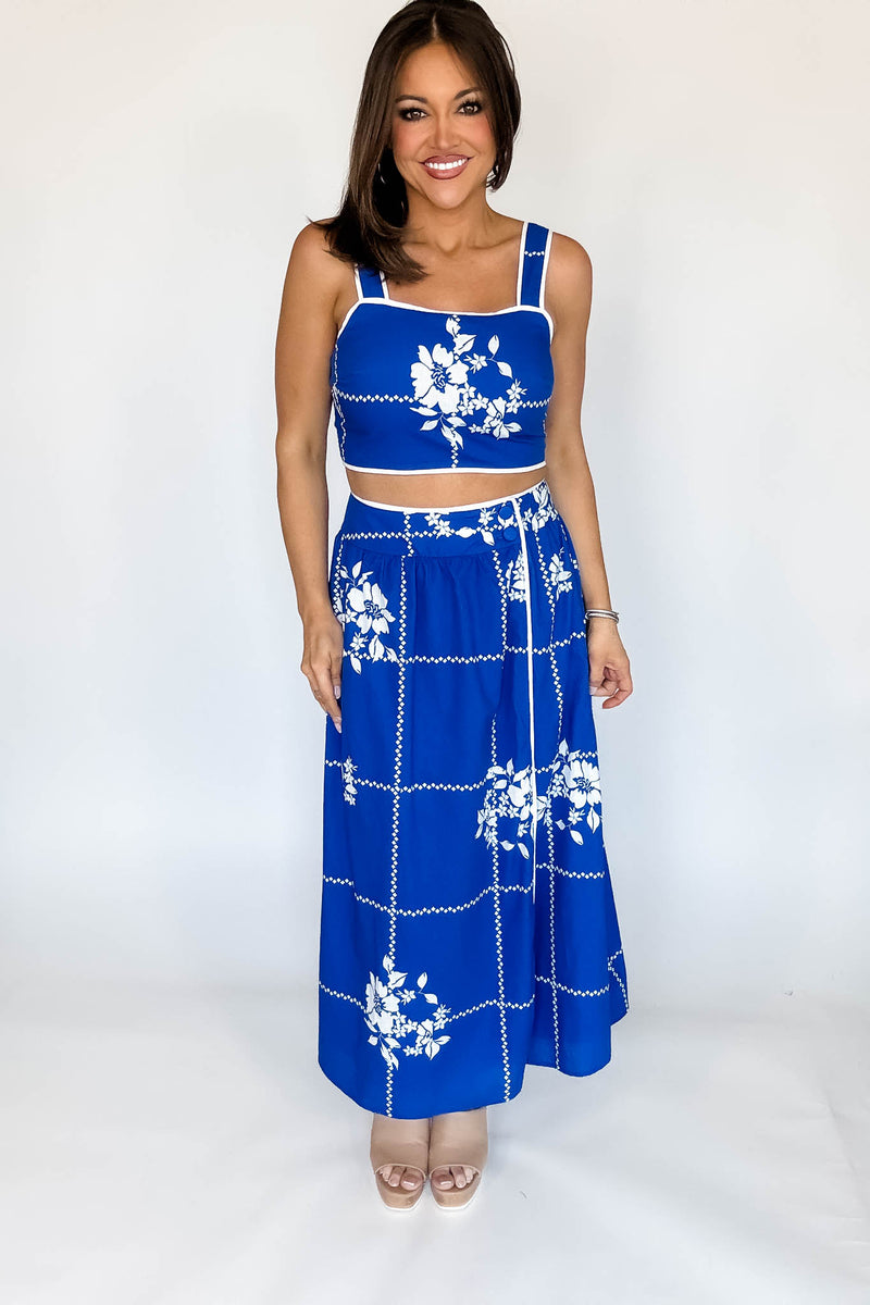 Mable Cobalt Blue Grid Floral Print Crop Top And Midi Skirt Set