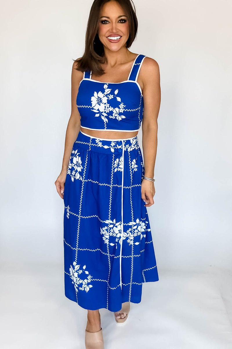Mable Cobalt Blue Grid Floral Print Crop Top And Midi Skirt Set