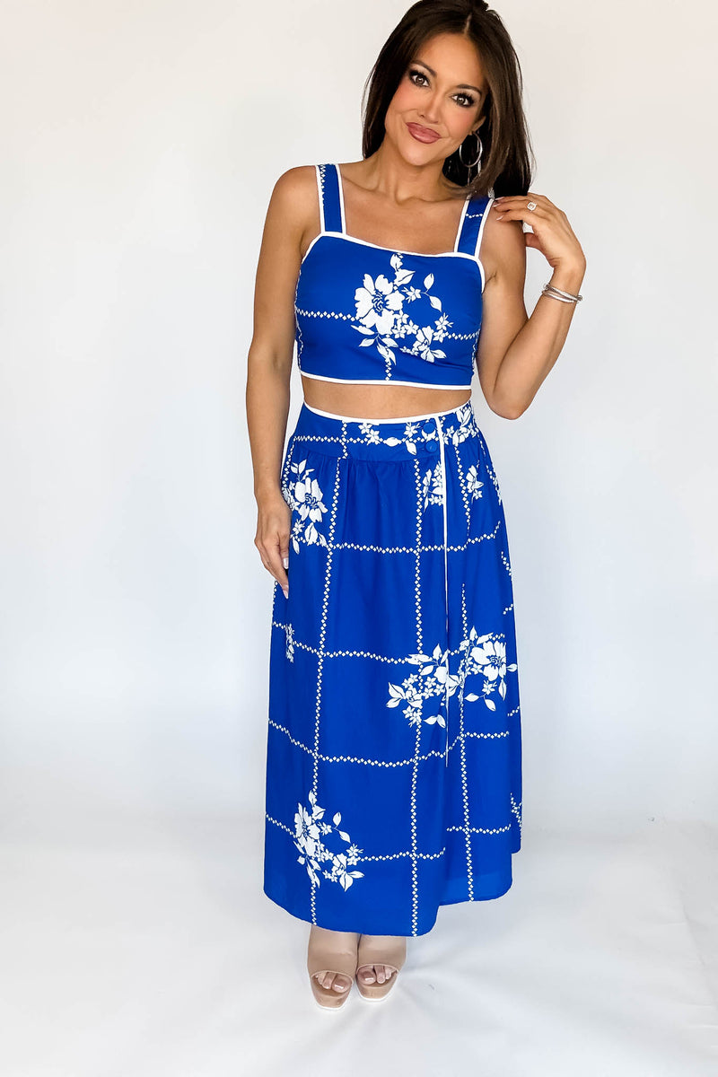 Mable Cobalt Blue Grid Floral Print Crop Top And Midi Skirt Set